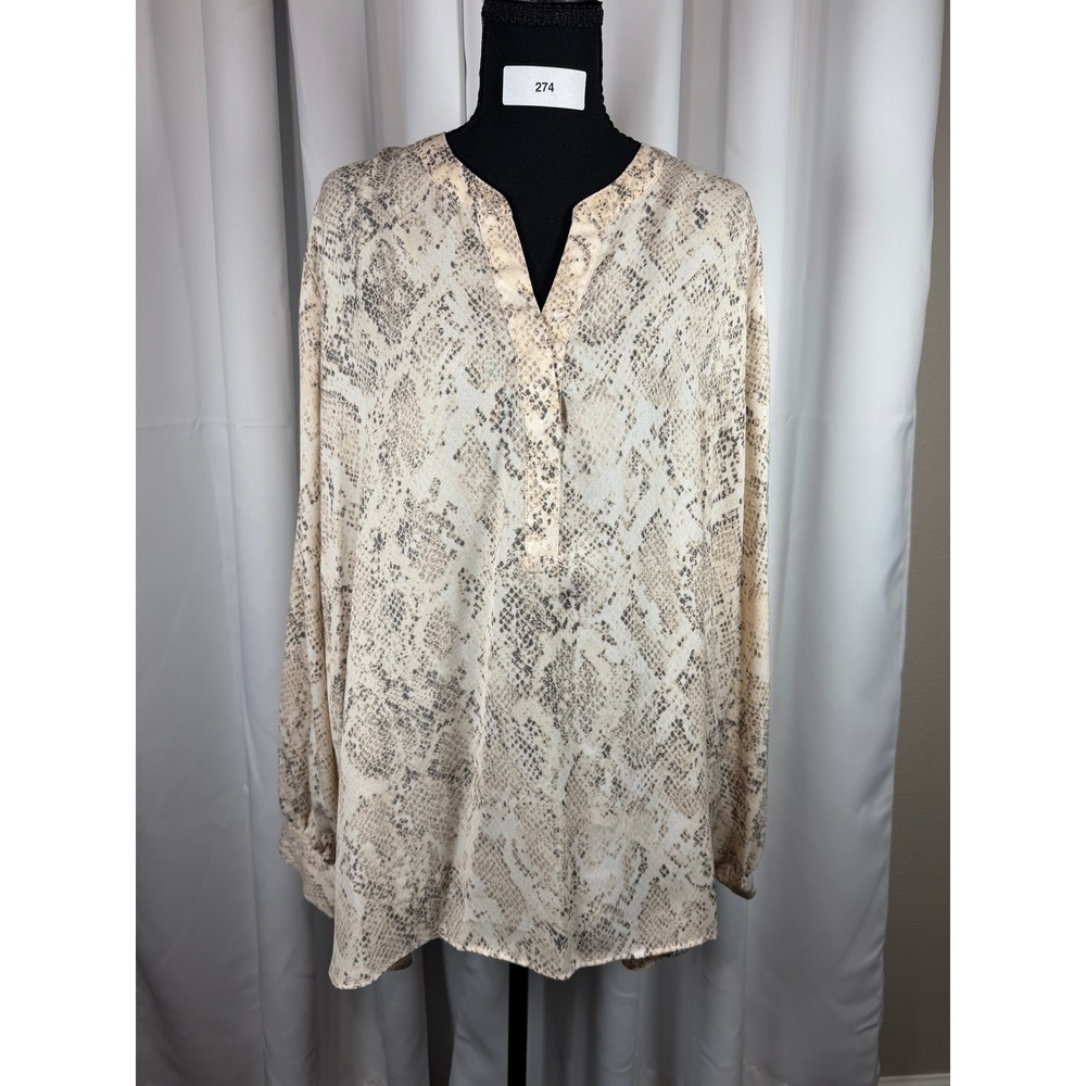 Ava & Viv Womens Snakeskin Print Long Sleeve Blouse Neutral Beige Tan Size 2X
